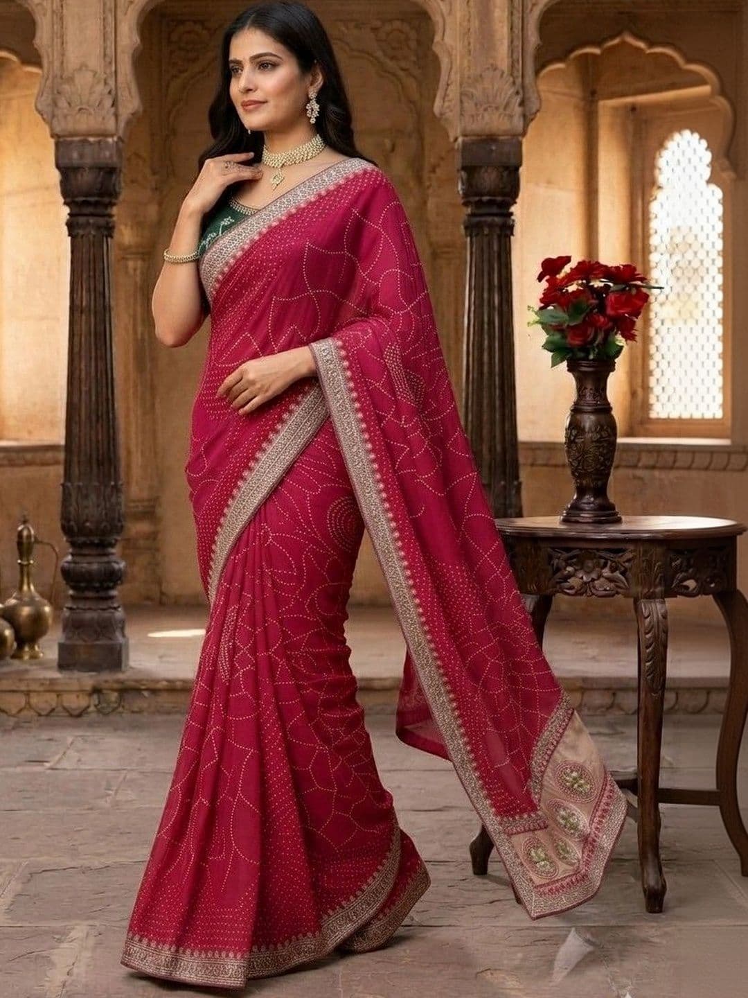 SmileyFashion Bandhani Embroidered Art Silk Designer Saree thumbnail 2