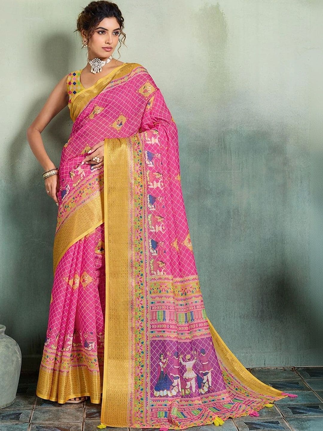 DWIJA FASHION Kalamkari Zari Linen Blend Saree - view 1