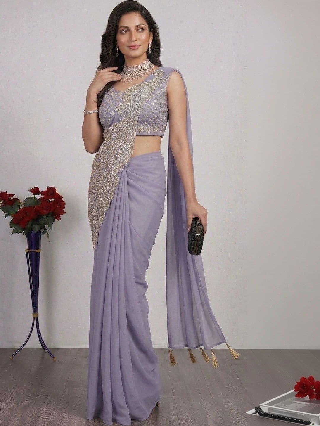 SmileyFashion Embellished Sequinned Pure Georgette Designer Saree thumbnail 4