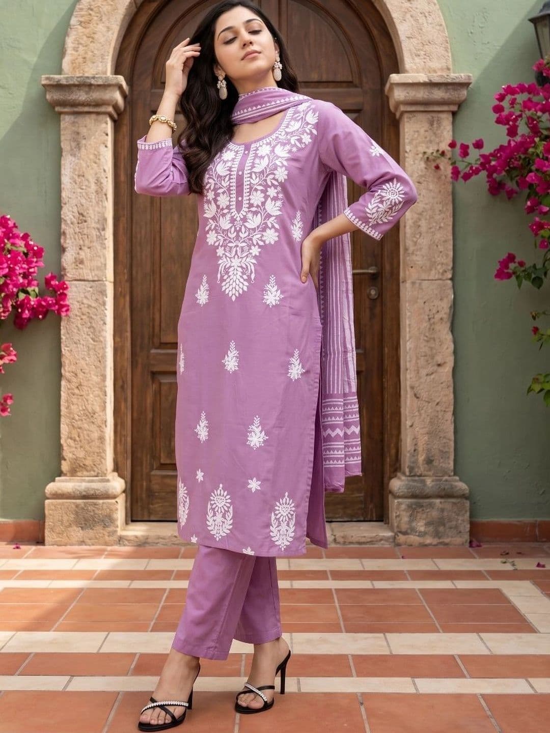 Anouk Women Ethnic Motifs Embroidered Regular Thread Work Pure Cotton Kurta with Trousers & With Dupatta thumbnail 4