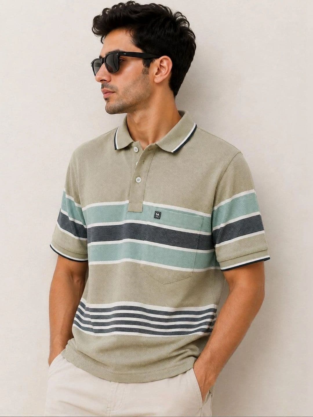 MNO Men Striped Polo Collar Pockets T-shirt thumbnail 4