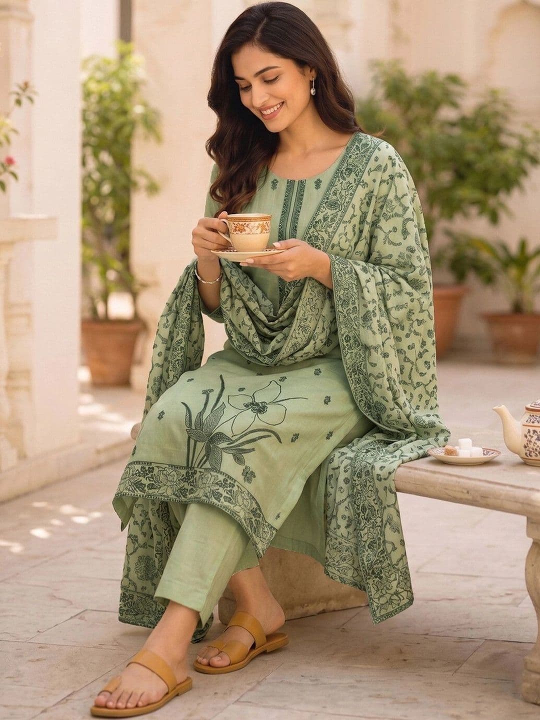 SKYLEE Women Ethnic Motifs Printed Regular Pure Cotton Kurta with Trousers & With Dupatta thumbnail 2