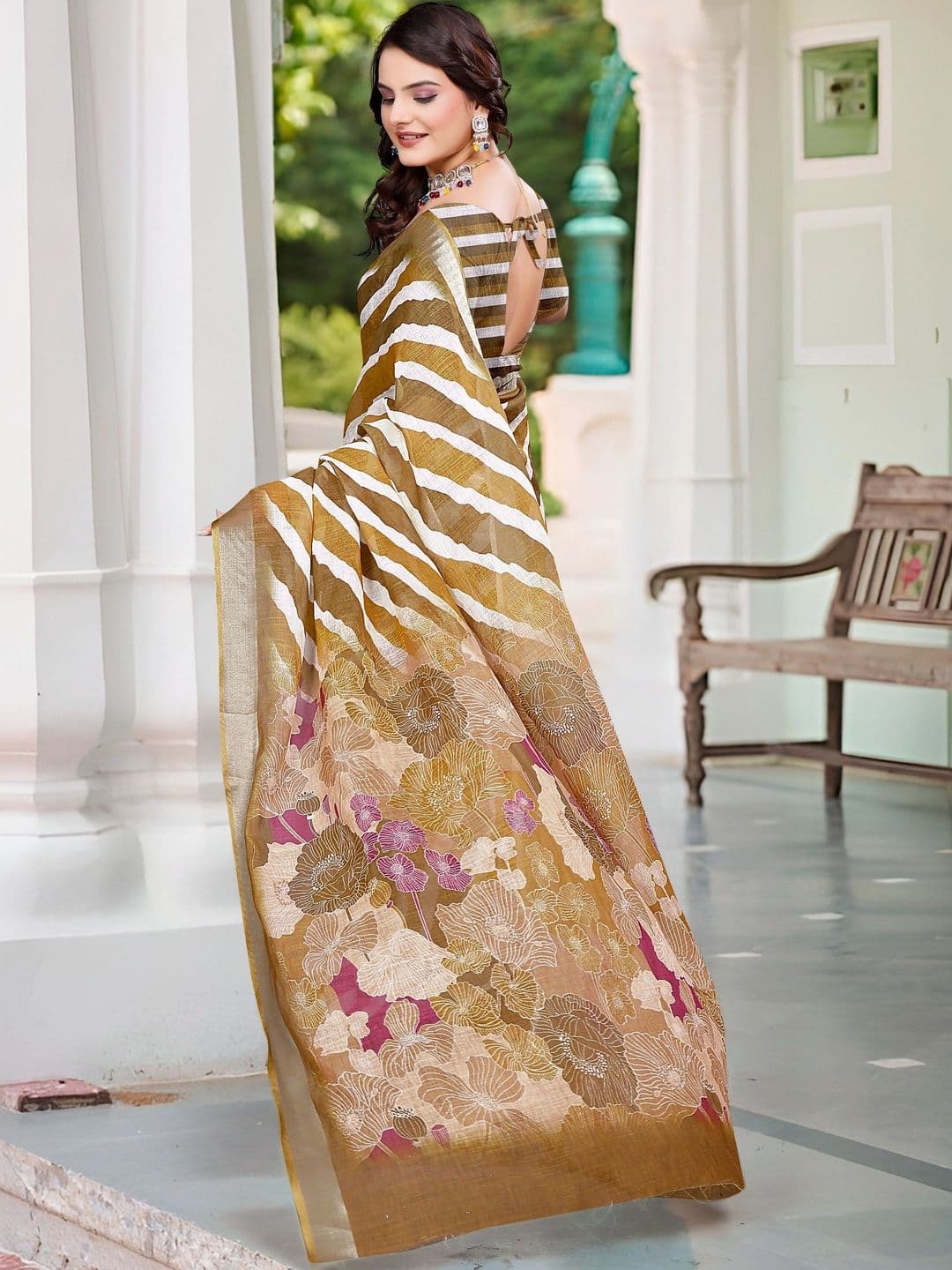 MANVAA Women's Gold Brown Cotton Linen Saree thumbnail 5