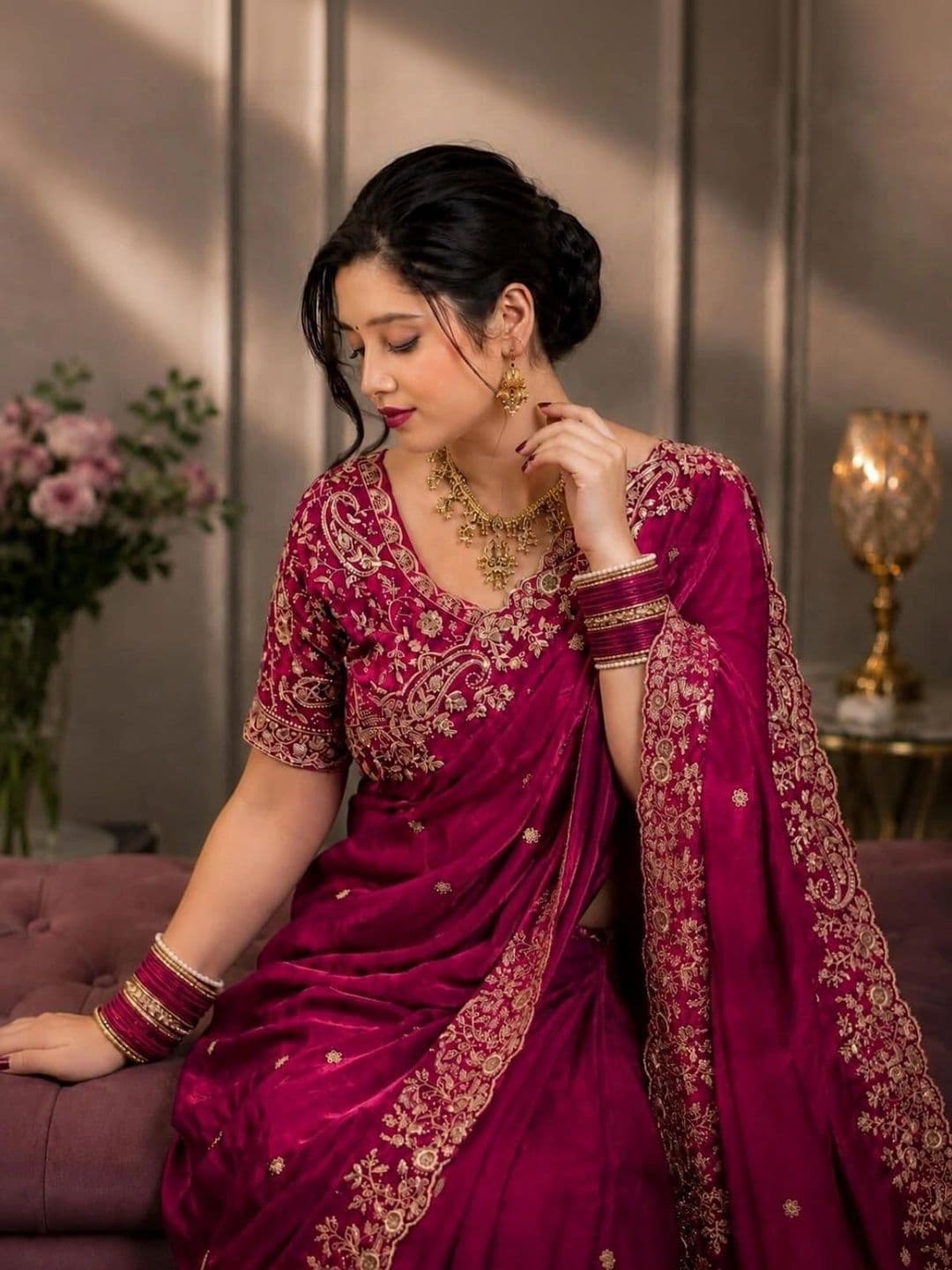 DHARMEE Ethnic Motifs Embroidered Satin Heavy Work Maheshwari Saree thumbnail 4