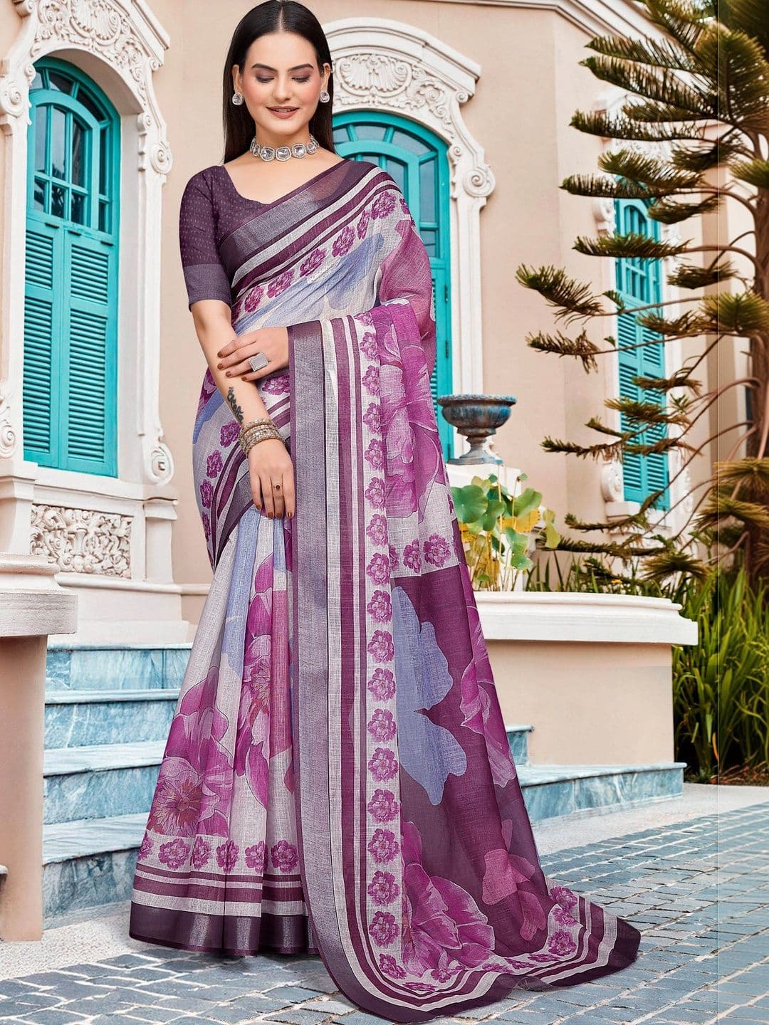Maroosh Saree with Floral Border Print - view 1
