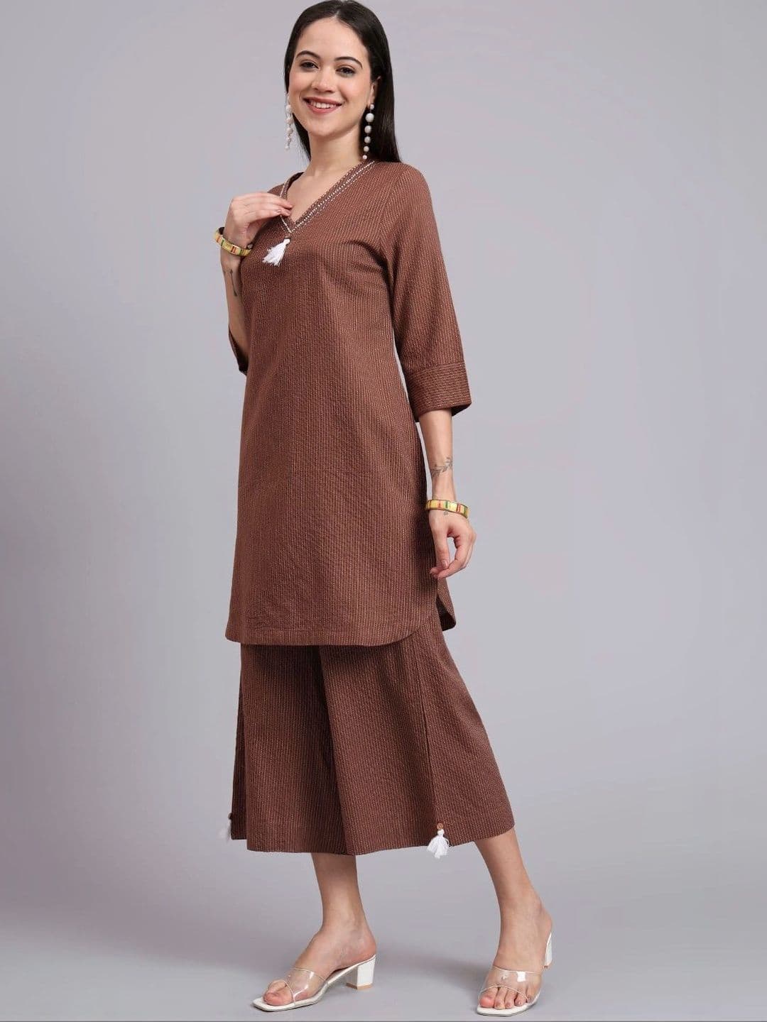 NAVYAAZRI Women Striped Regular Thread Work Pure Cotton Kurta with Palazzos thumbnail 2
