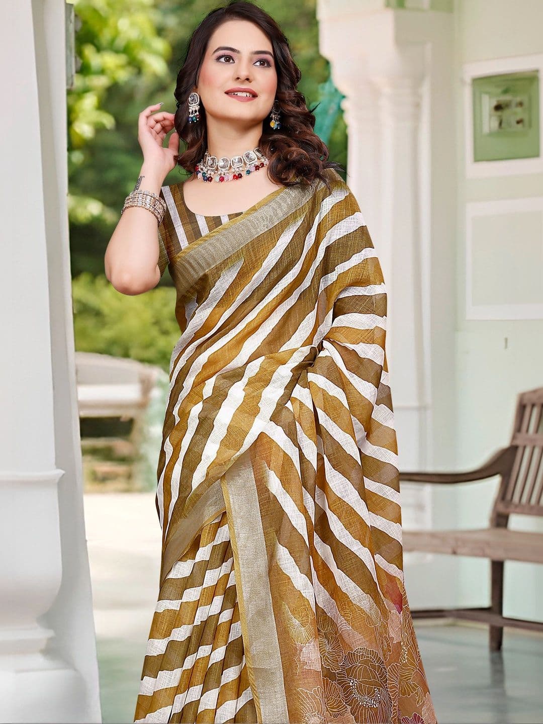 MANVAA Women's Gold Brown Cotton Linen Saree thumbnail 2