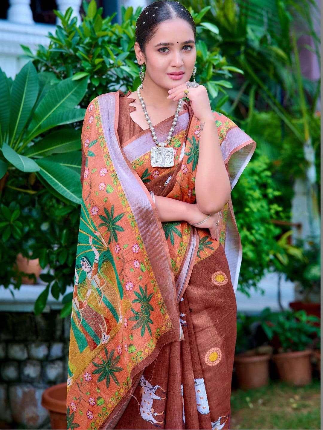 MANVAA Women Brown Cotton Linen Saree thumbnail 5