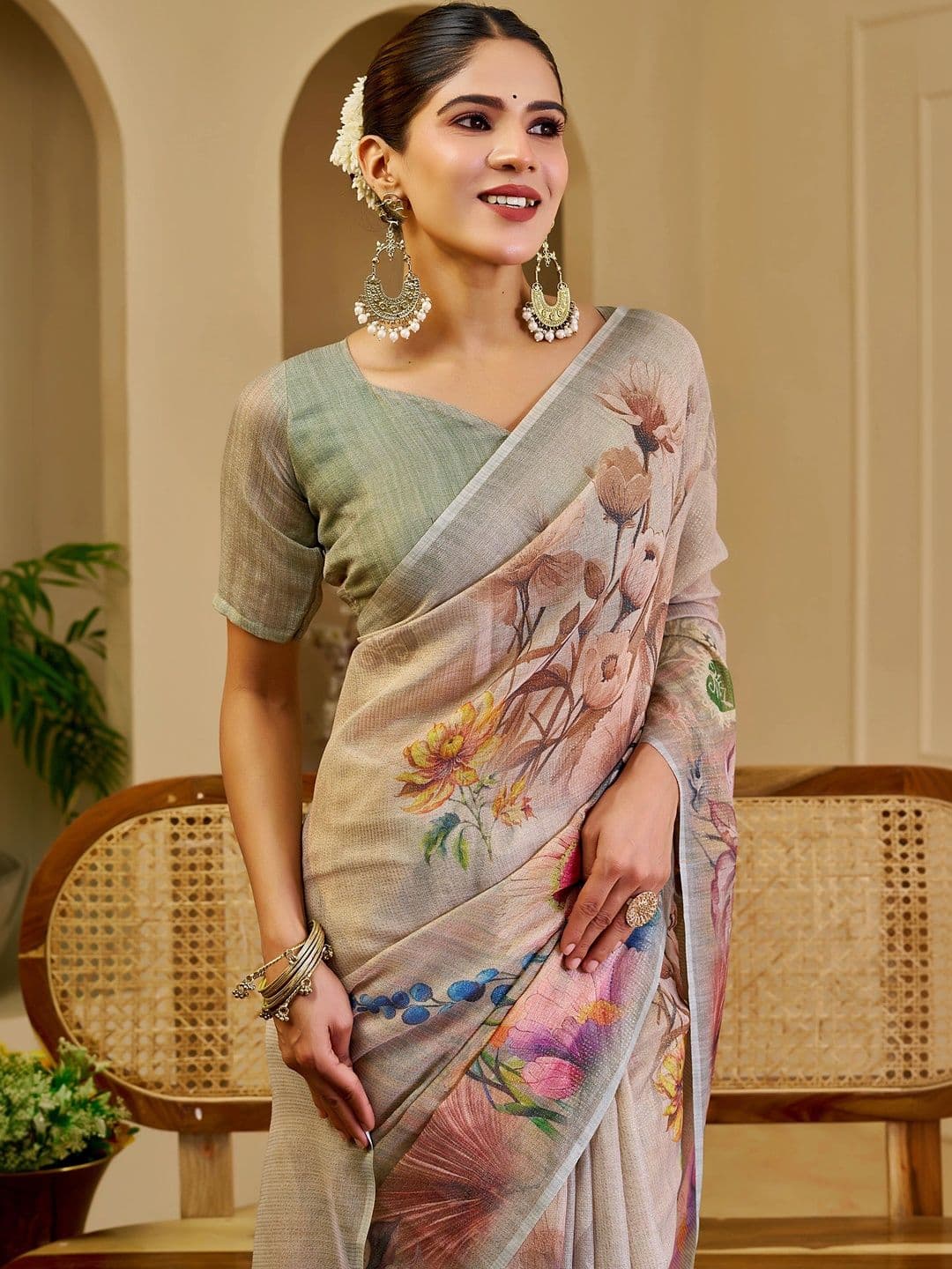 HERE&NOW Women Floral Silk Cotton Handloom Saree thumbnail 6