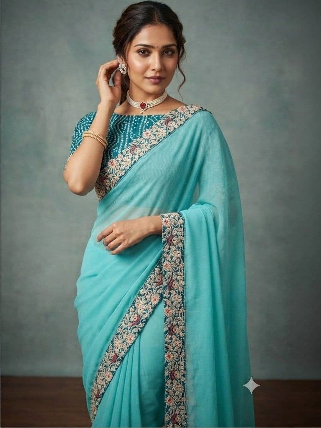 SmileyFashion Floral Embroidered Poly Chiffon Designer Saree thumbnail 2
