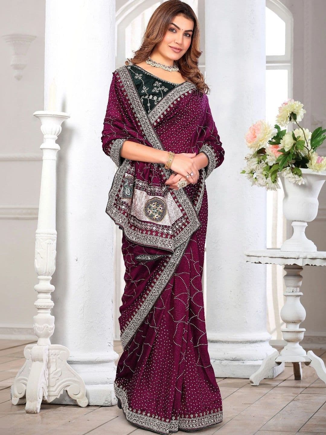 SmileyFashion Bandhani Embroidered Art Silk Designer Saree - view 1