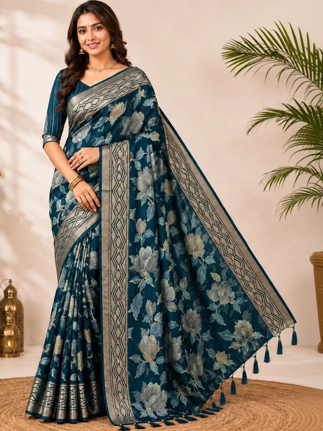 PANJURLI Women Floral Printed Zari Brasso Saree - view 1