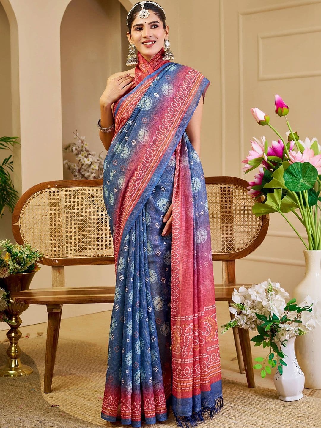 HERE&NOW Bandhani Silk Cotton Handloom Saree thumbnail 7
