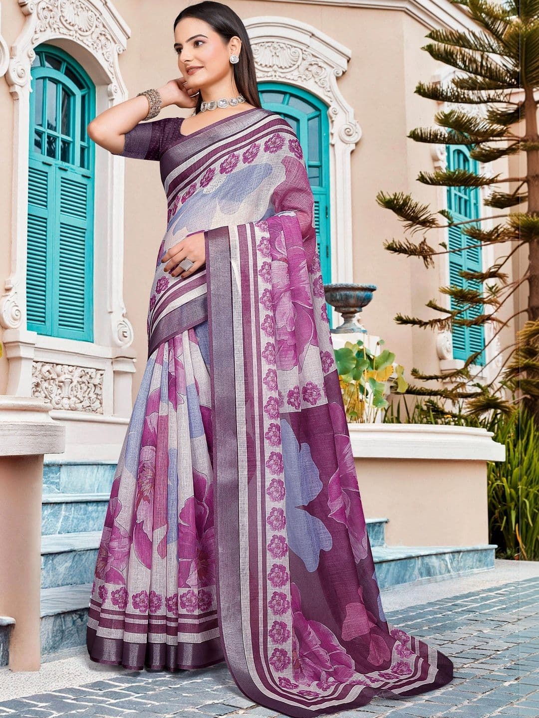 Maroosh Saree with Floral Border Print thumbnail 3