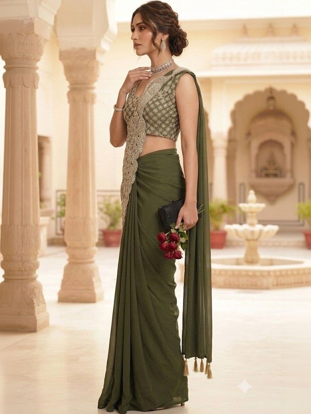 SmileyFashion Embellished Embroidered Pure Georgette Designer Saree thumbnail 3