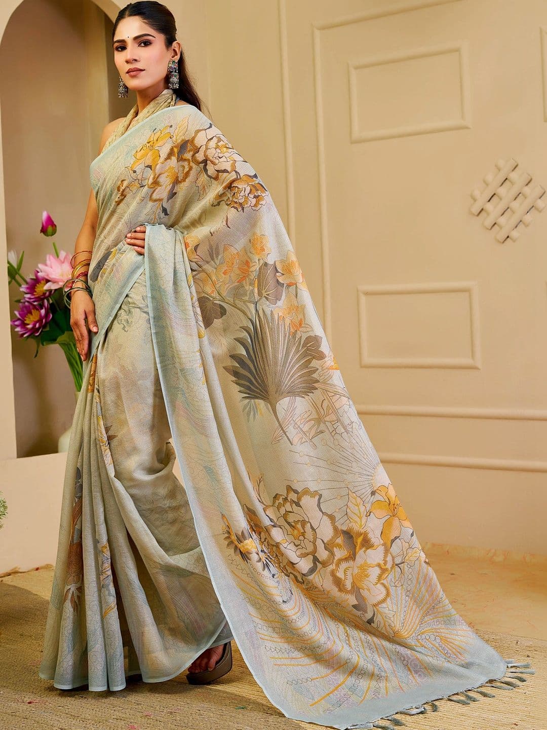 Maroosh Women's Green Mustard Tissue Shimmer Handloom Cotton Floral Silk Handloom Saree thumbnail 3