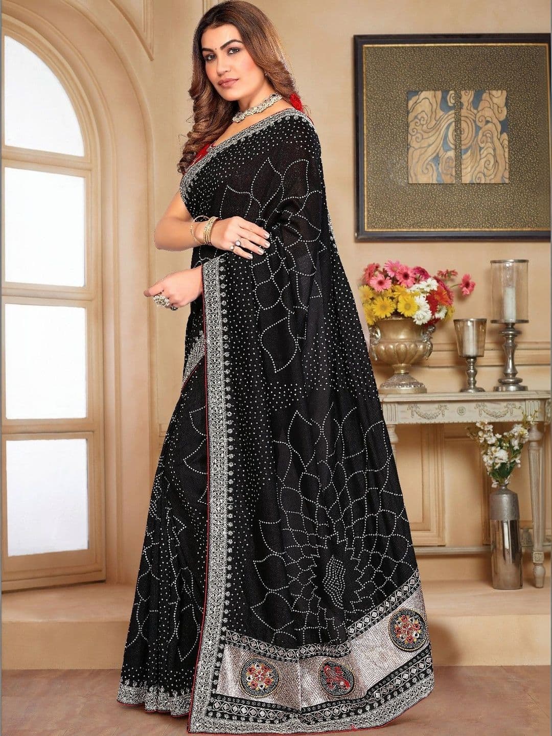 SmileyFashion Bandhani Embroidered Art Silk Designer Saree thumbnail 4