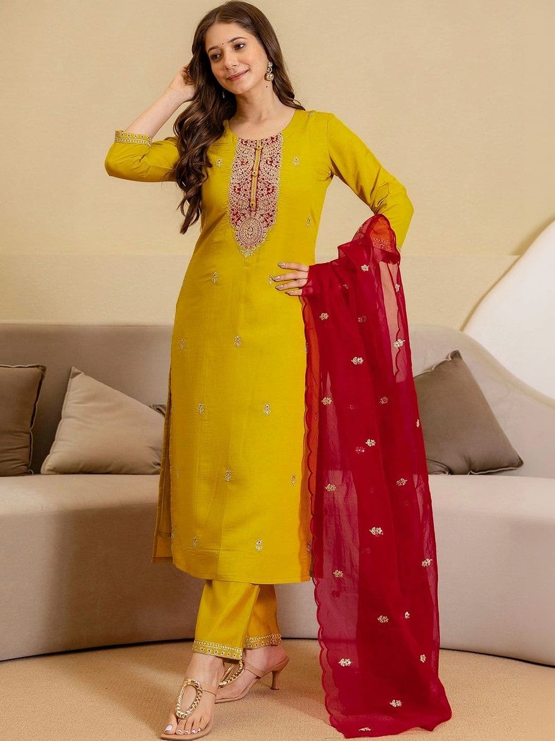 SKYLEE Women Ethnic Embroidered Regular Sequinned Kurta with Trousers & With Dupatta thumbnail 5