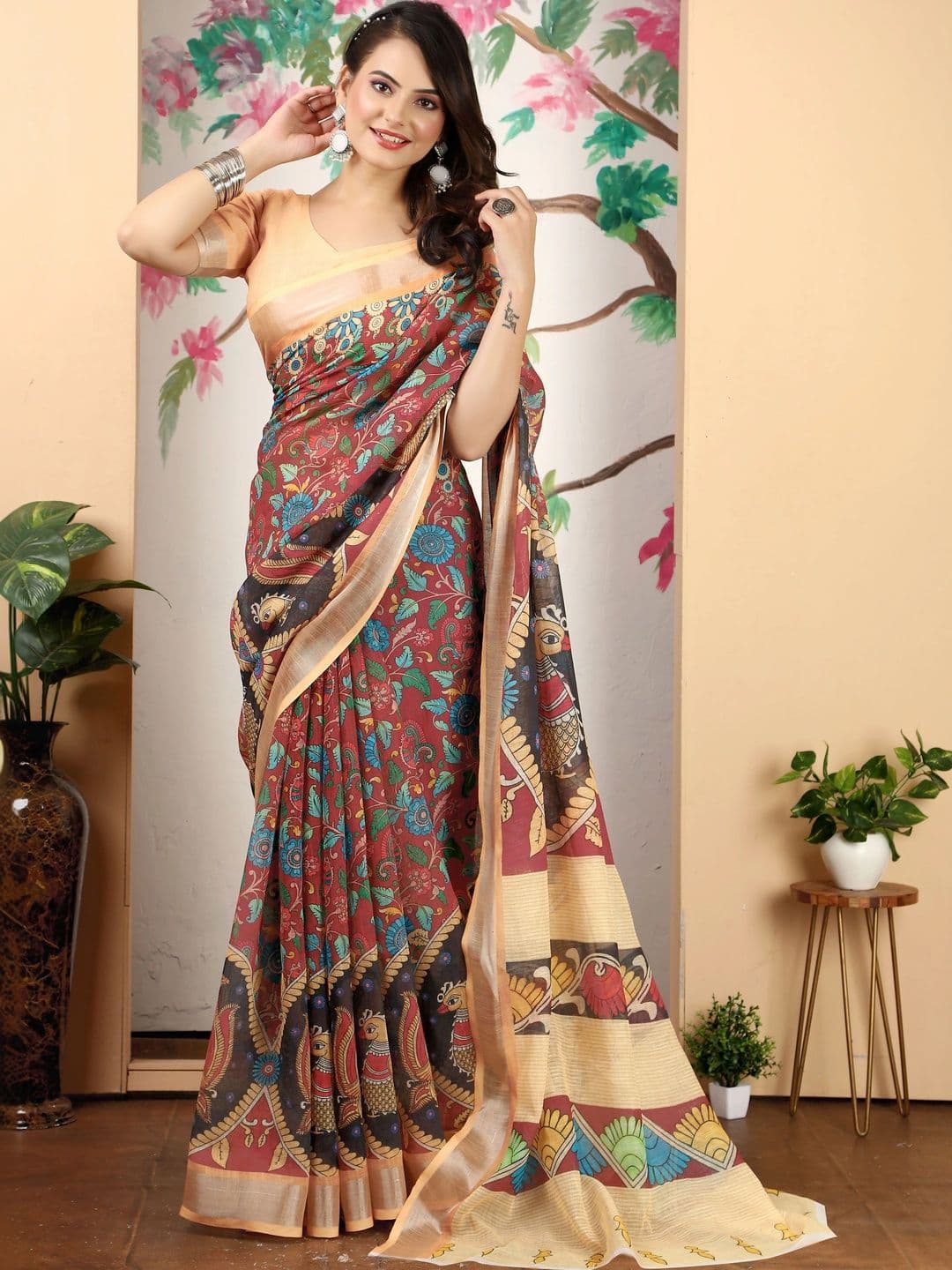 HERE&NOW Women Woven Design Kalamkari Saree thumbnail 3