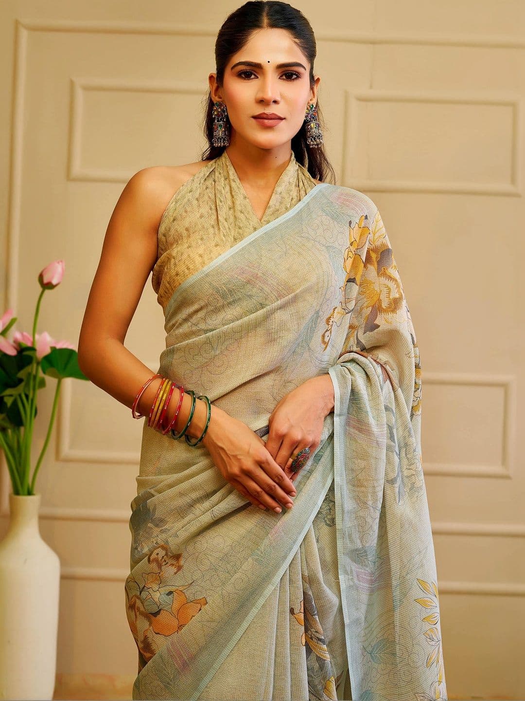 Maroosh Women's Green Mustard Tissue Shimmer Handloom Cotton Floral Silk Handloom Saree thumbnail 7