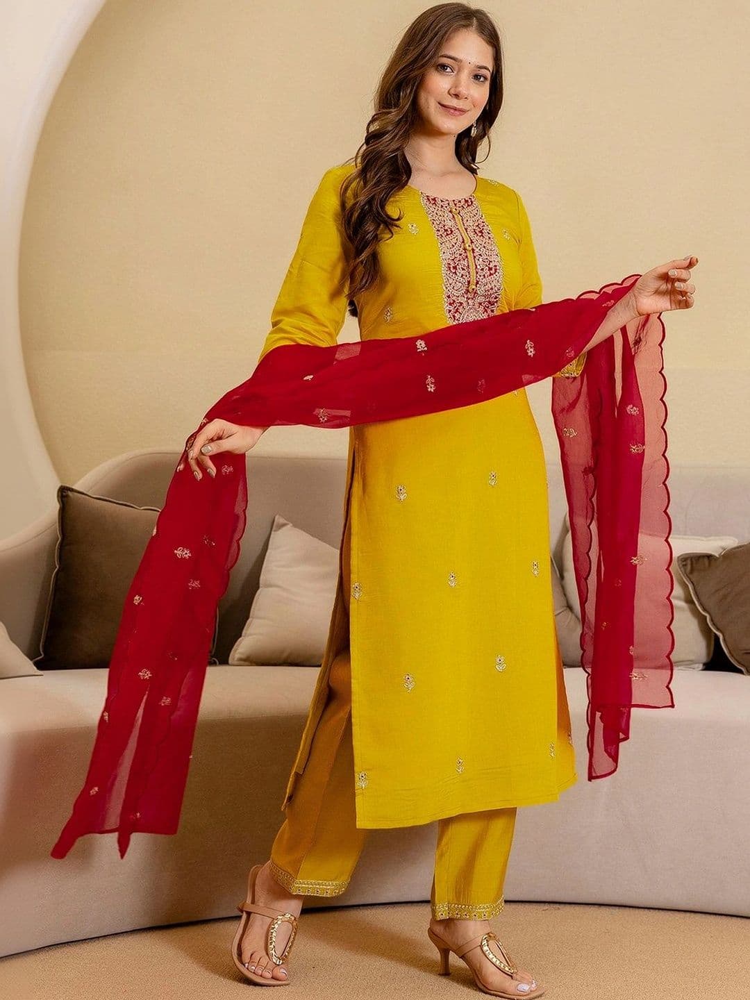 SKYLEE Women Ethnic Embroidered Regular Sequinned Kurta with Trousers & With Dupatta thumbnail 4