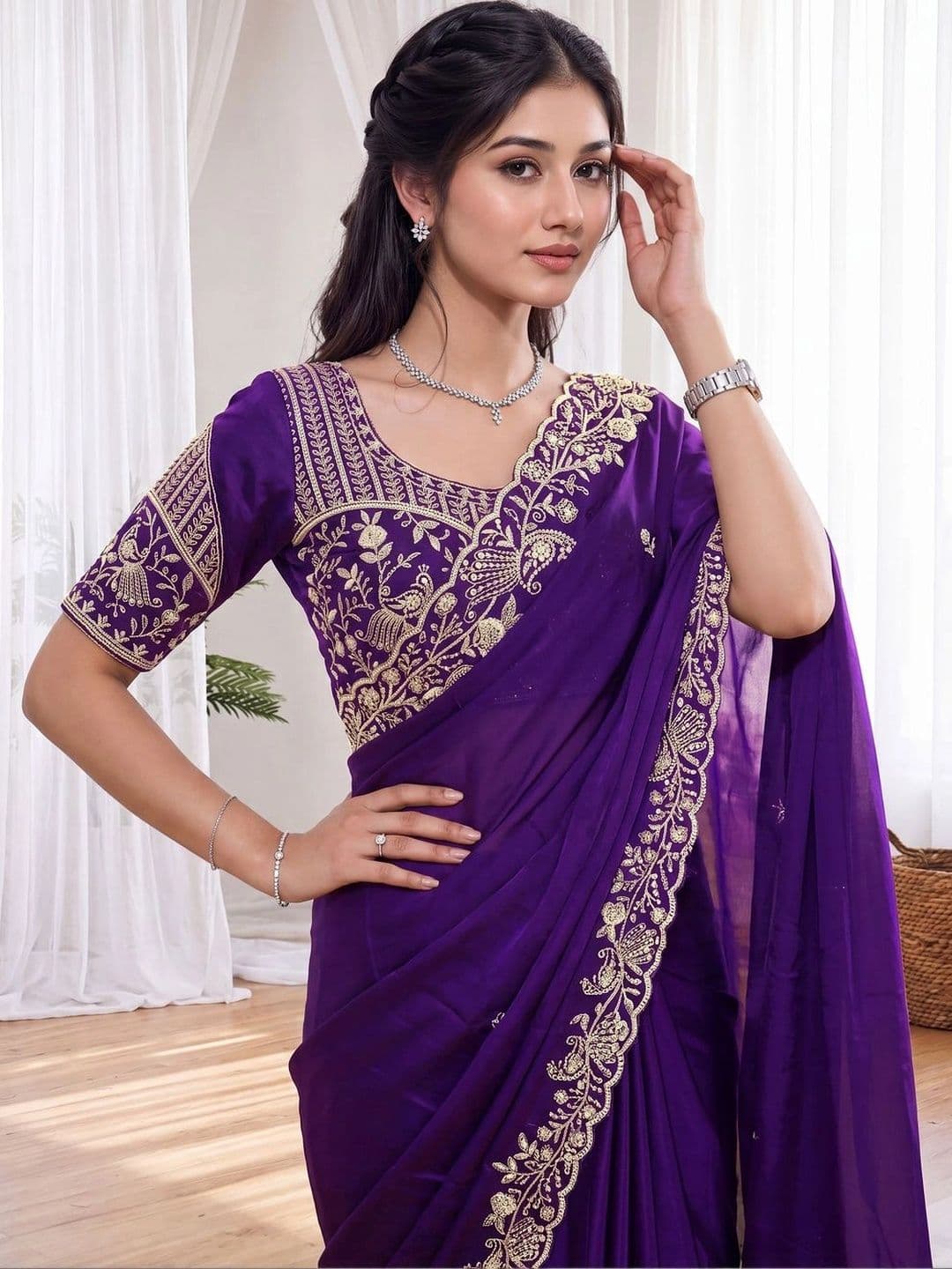 Zari and Ziba Ethnic Motifs Zari Satin Designer Saree thumbnail 4