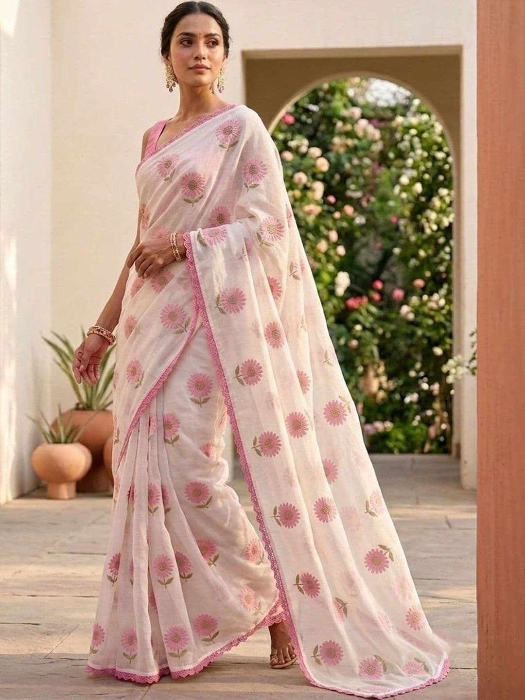 STAVA CREATION Floral Embroidered Pure Linen Designer Saree thumbnail 5