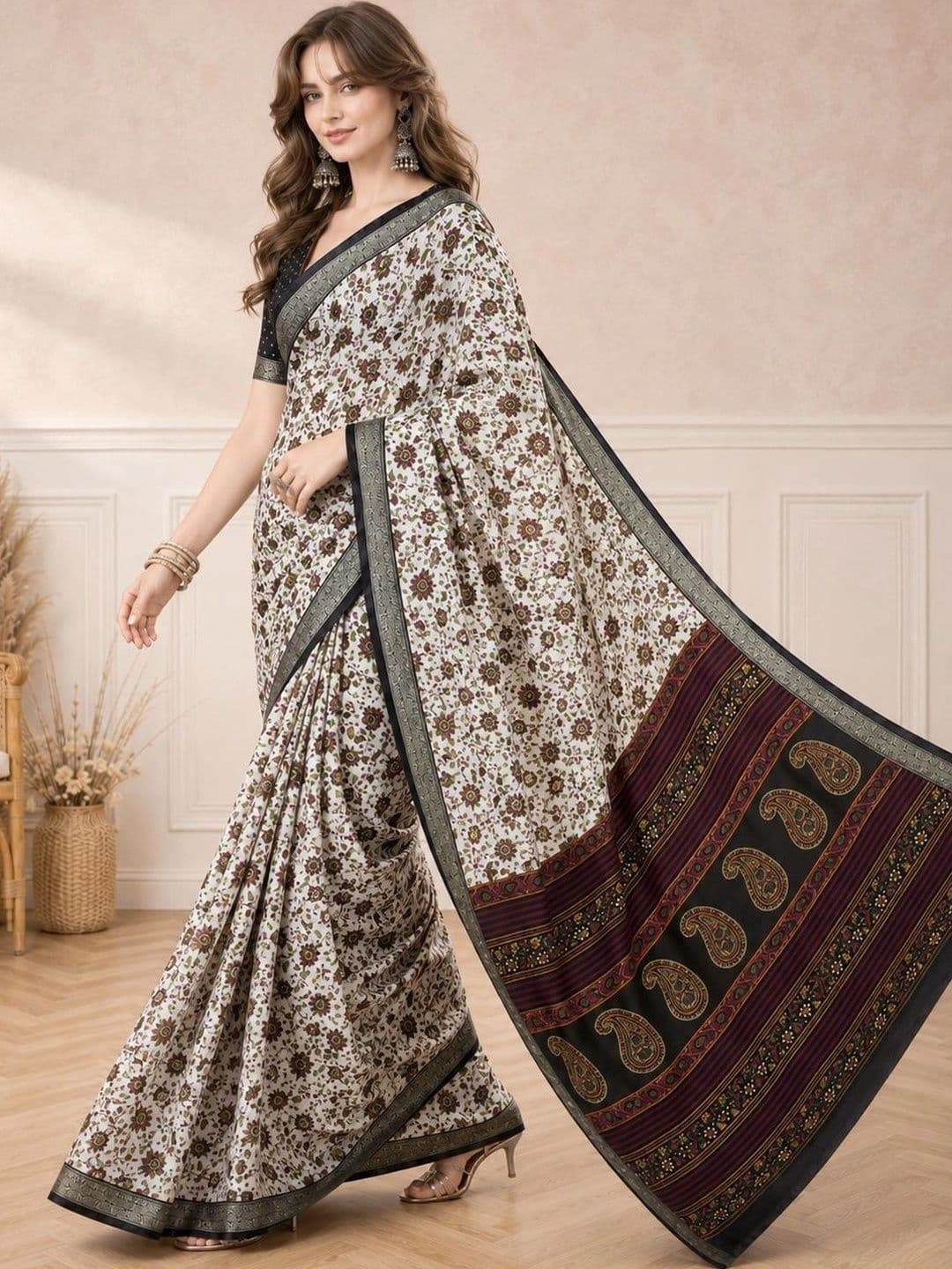 all about you Women Floral Zari Poly Crepe Fusion Saree thumbnail 5