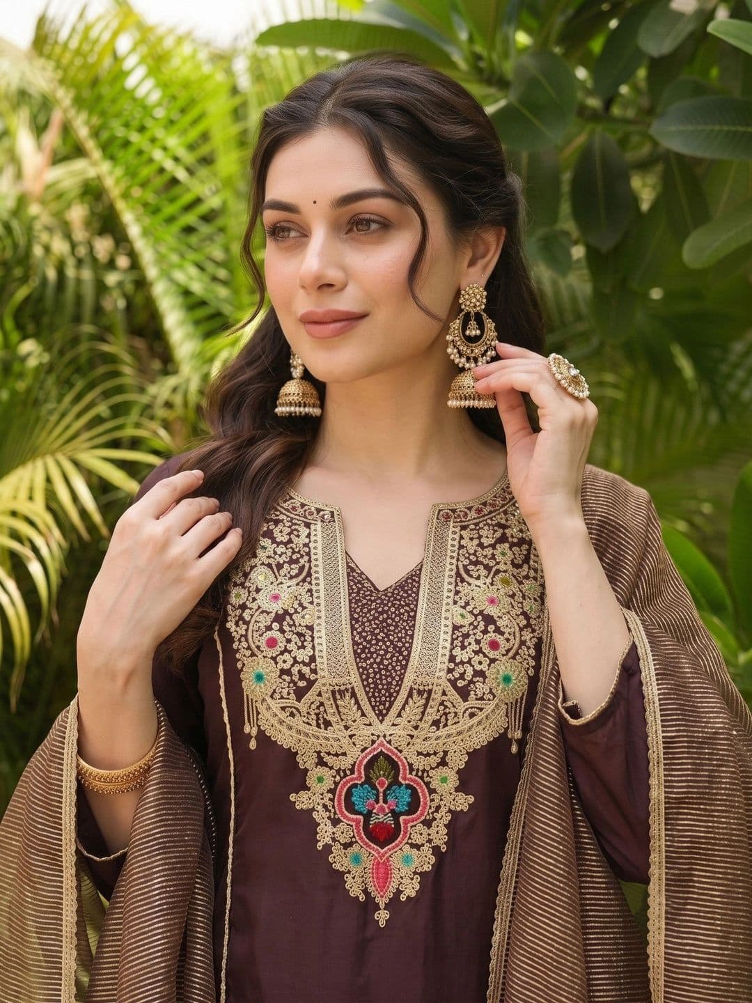 NAZARIA Women Ethnic Motifs Embroidered Regular Kurta with Trousers & With Dupatta thumbnail 5