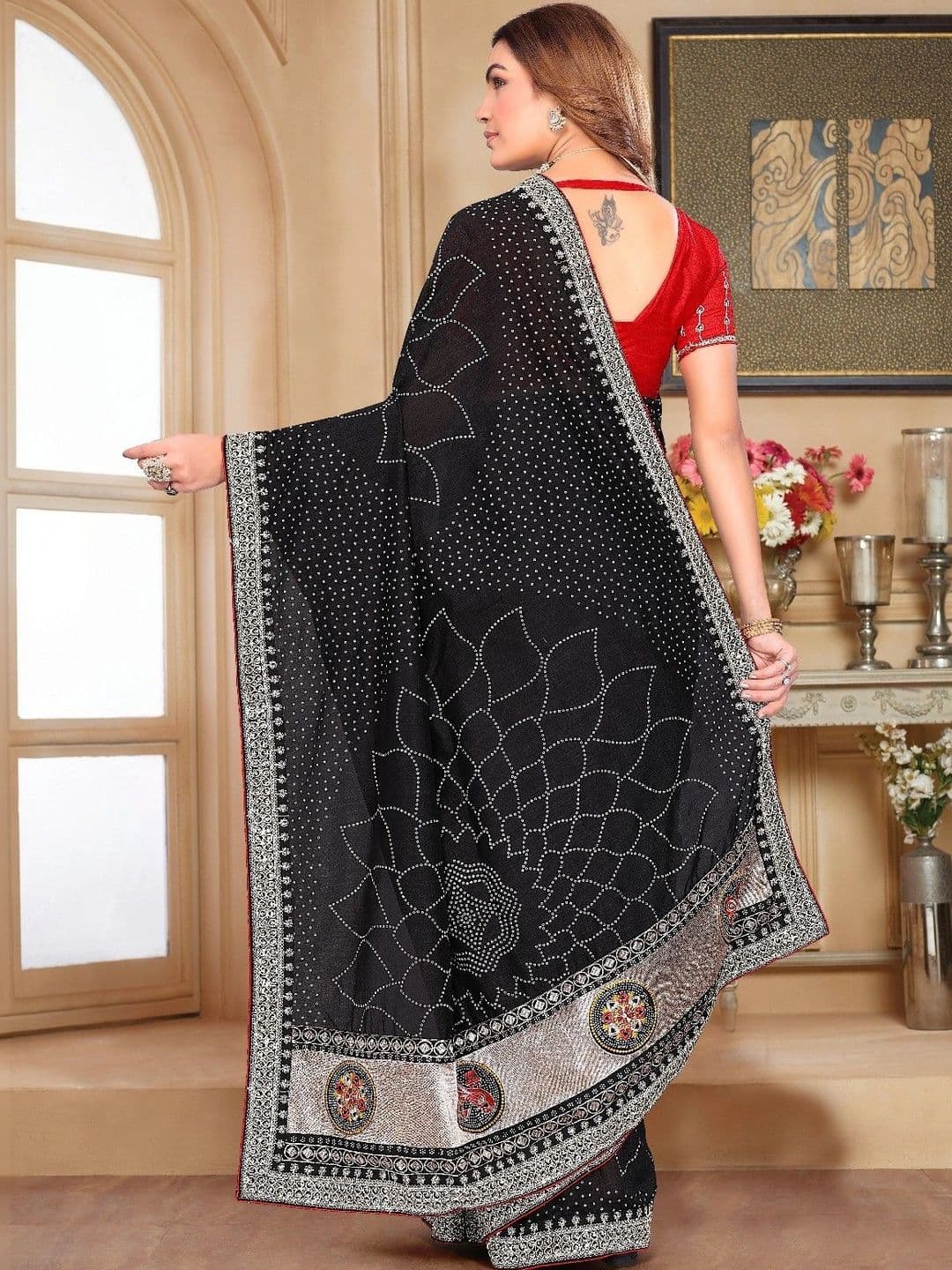 SmileyFashion Bandhani Embroidered Art Silk Designer Saree thumbnail 2