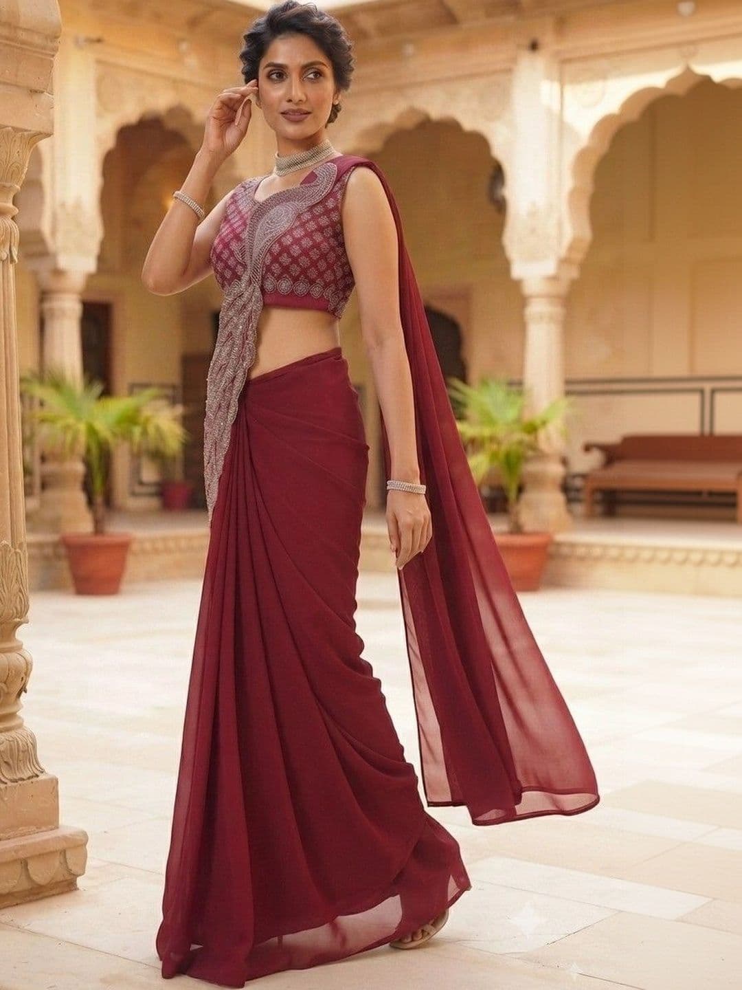 SmileyFashion Embellished Embroidered Pure Georgette Designer Saree thumbnail 2