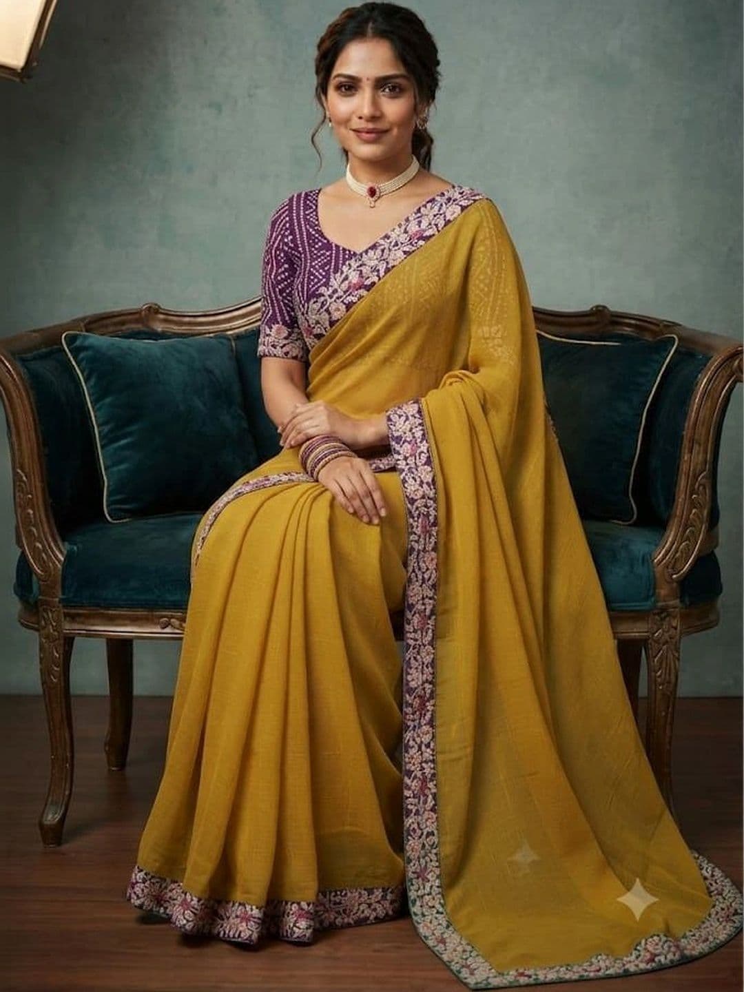 SmileyFashion Women Floral Poly Chiffon Designer Saree thumbnail 4