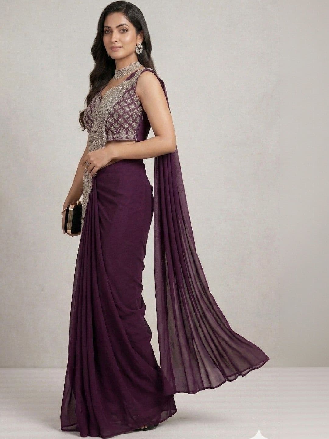 SmileyFashion Embellished Sequinned Pure Georgette Designer Saree thumbnail 5