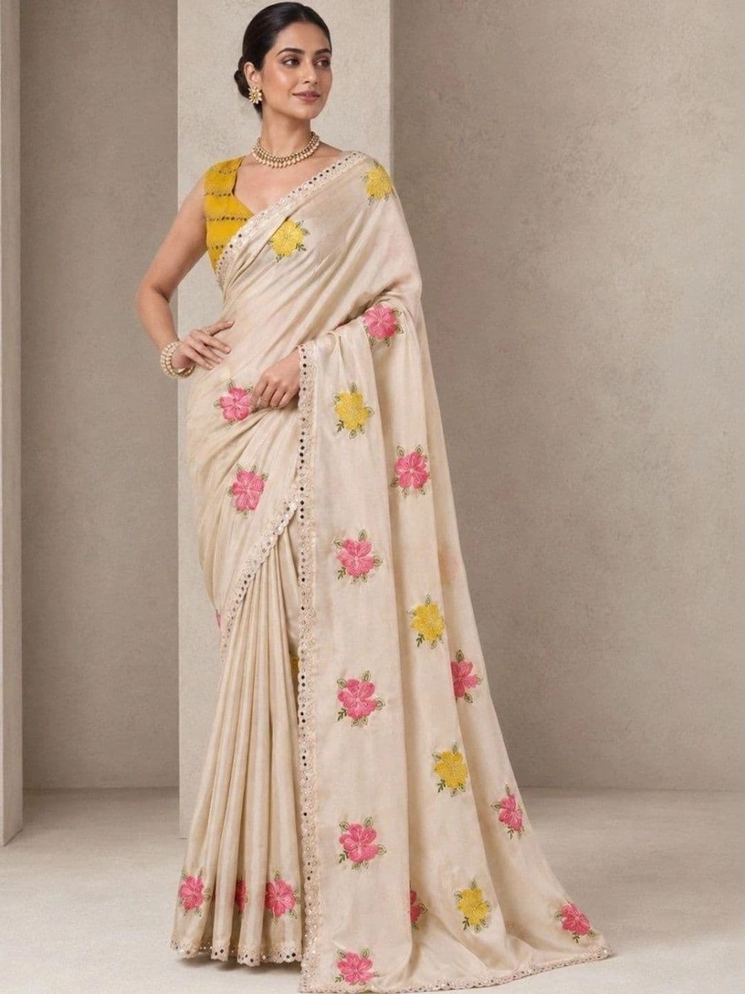 Kandora Floral Mirror Work Pure Georgette Designer Saree - view 1
