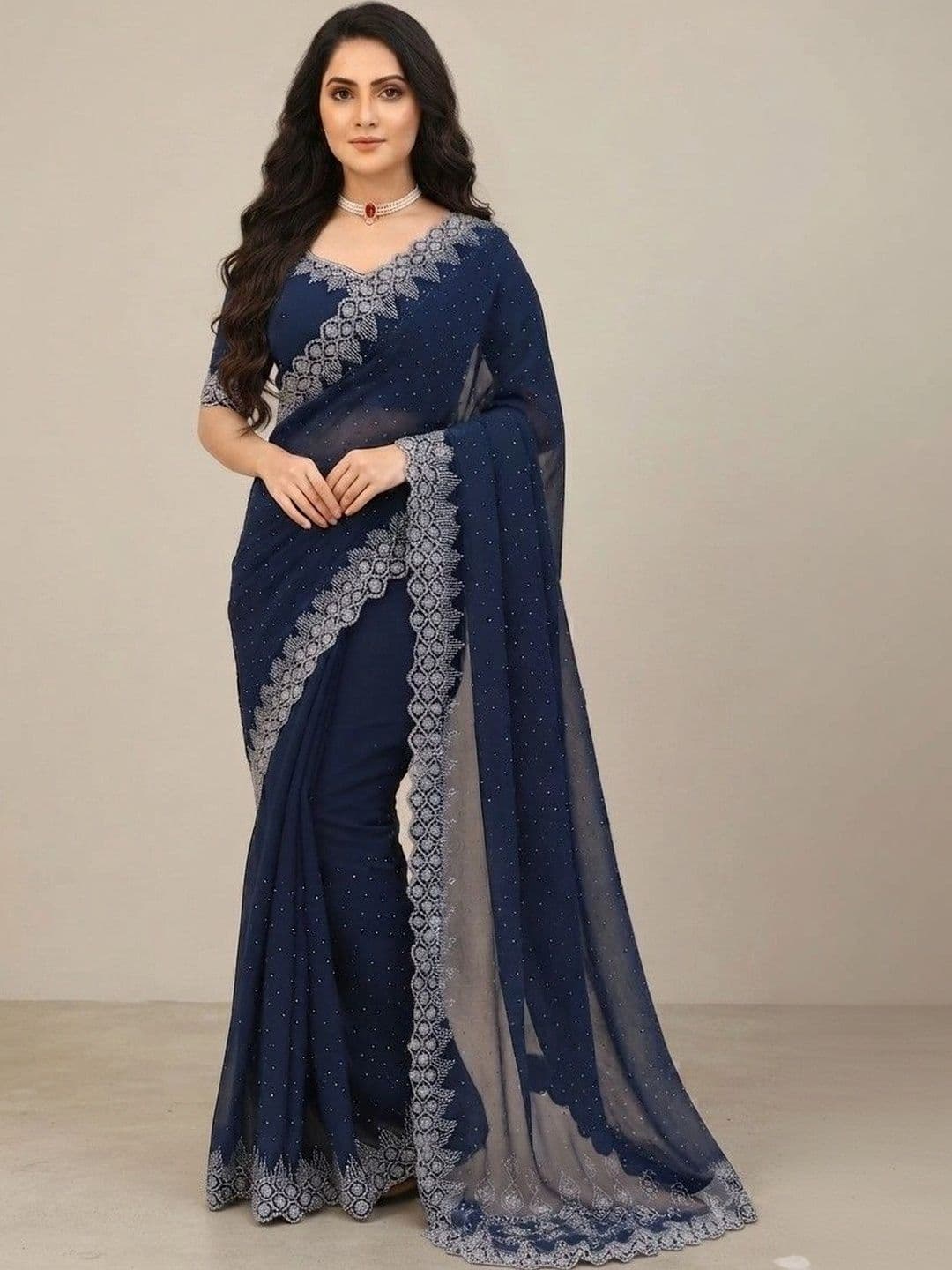 SmileyFashion Embroidered Pure Georgette Saree - view 1