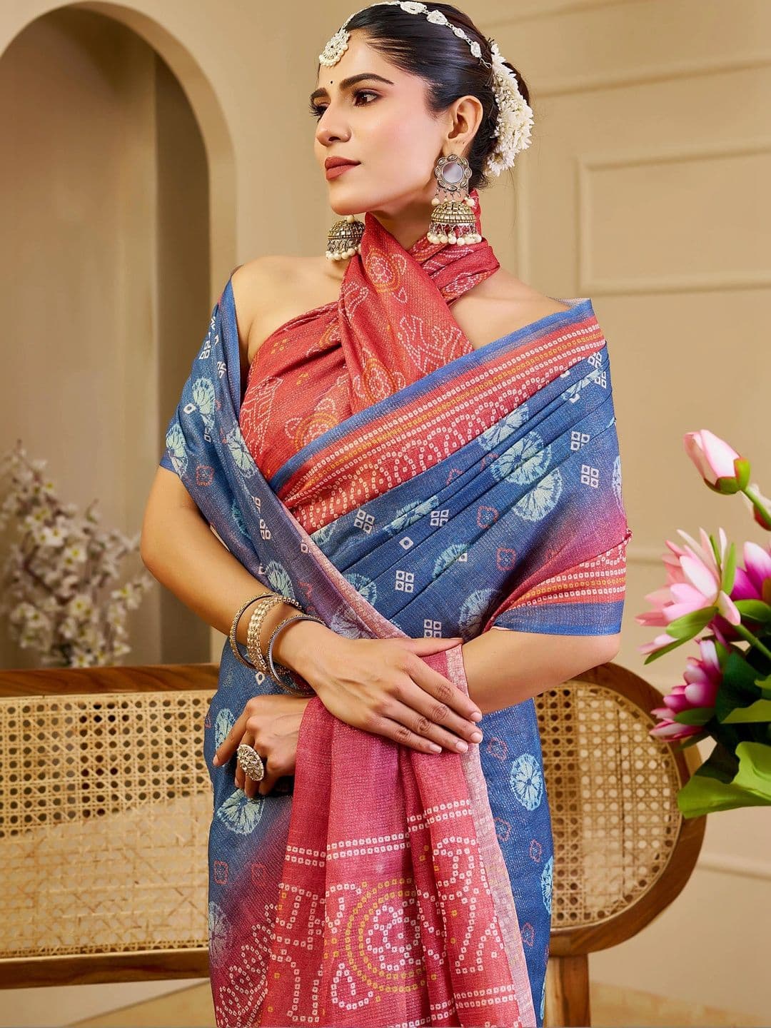 MANVAA Bandhani Silk Cotton Handloom Saree thumbnail 7