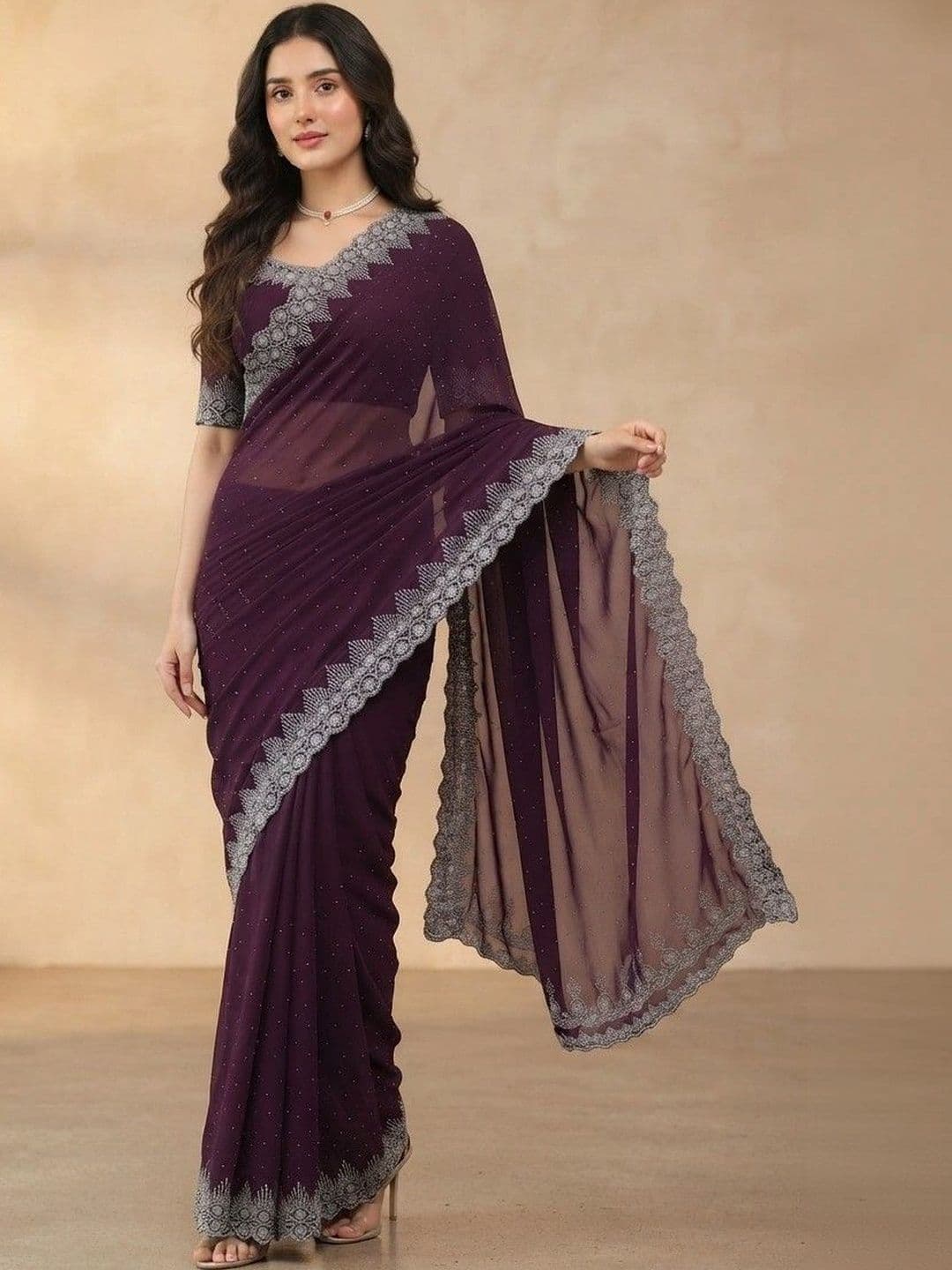 SmileyFashion Embellished Pure Georgette Saree thumbnail 3