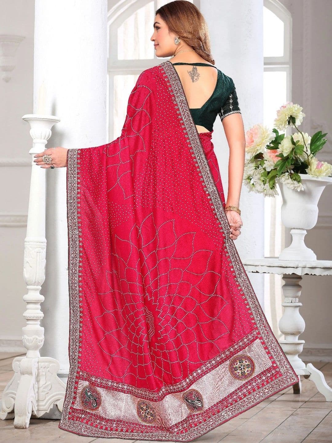 SmileyFashion Bandhani Embroidered Art Silk Designer Saree thumbnail 2