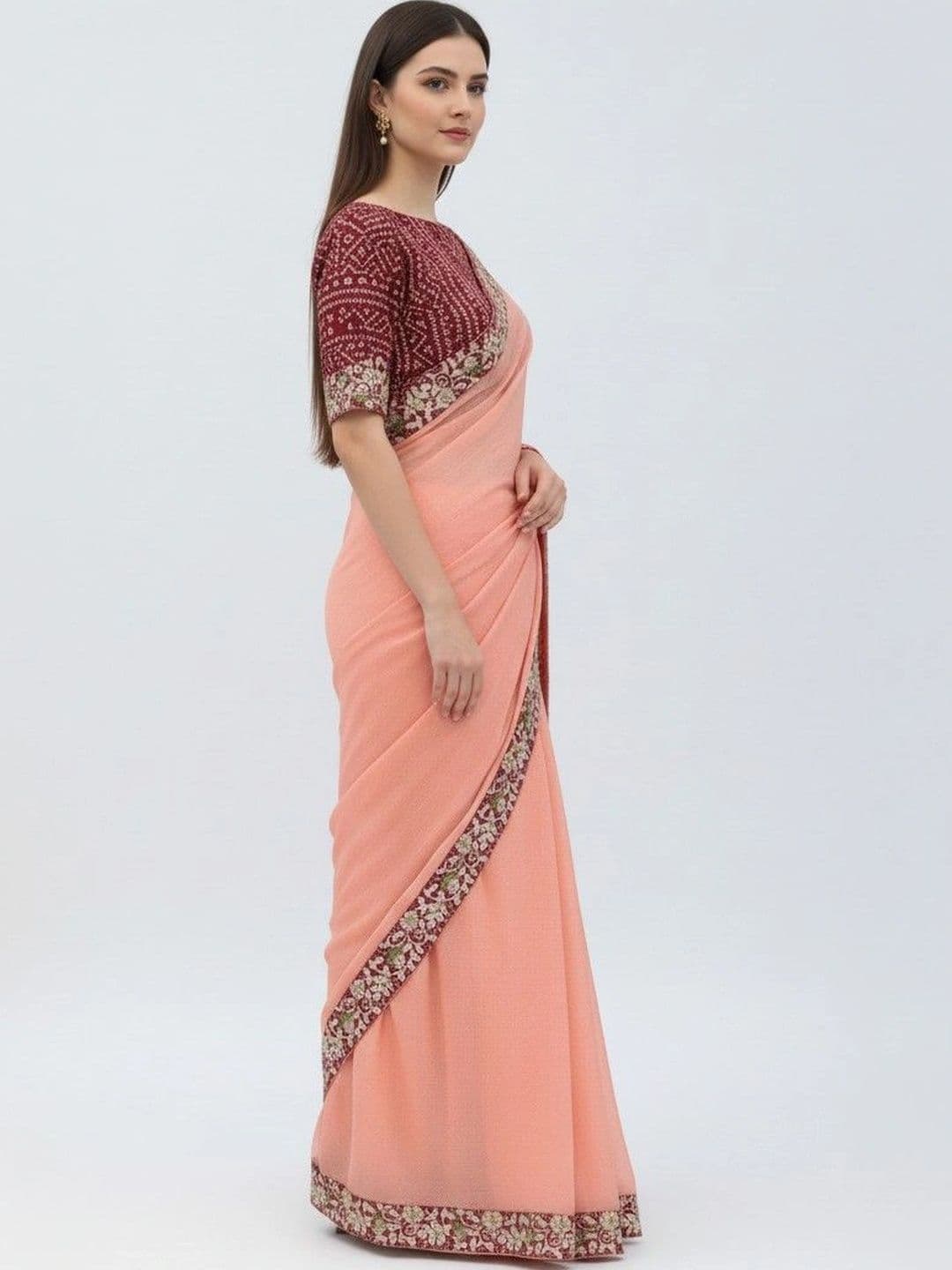 SmileyFashion Floral Poly Chiffon Designer Saree thumbnail 3