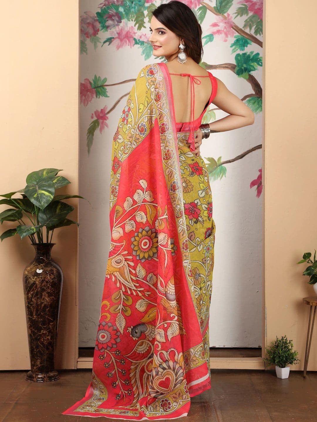 Maroosh Kalamkari Cotton Linen Saree with Paisley Print Blouse thumbnail 5