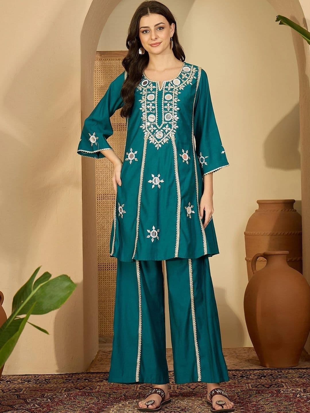 Sangria Women Ethnic Motifs Embroidered Regular Mirror Work Kurta with Palazzos thumbnail 7