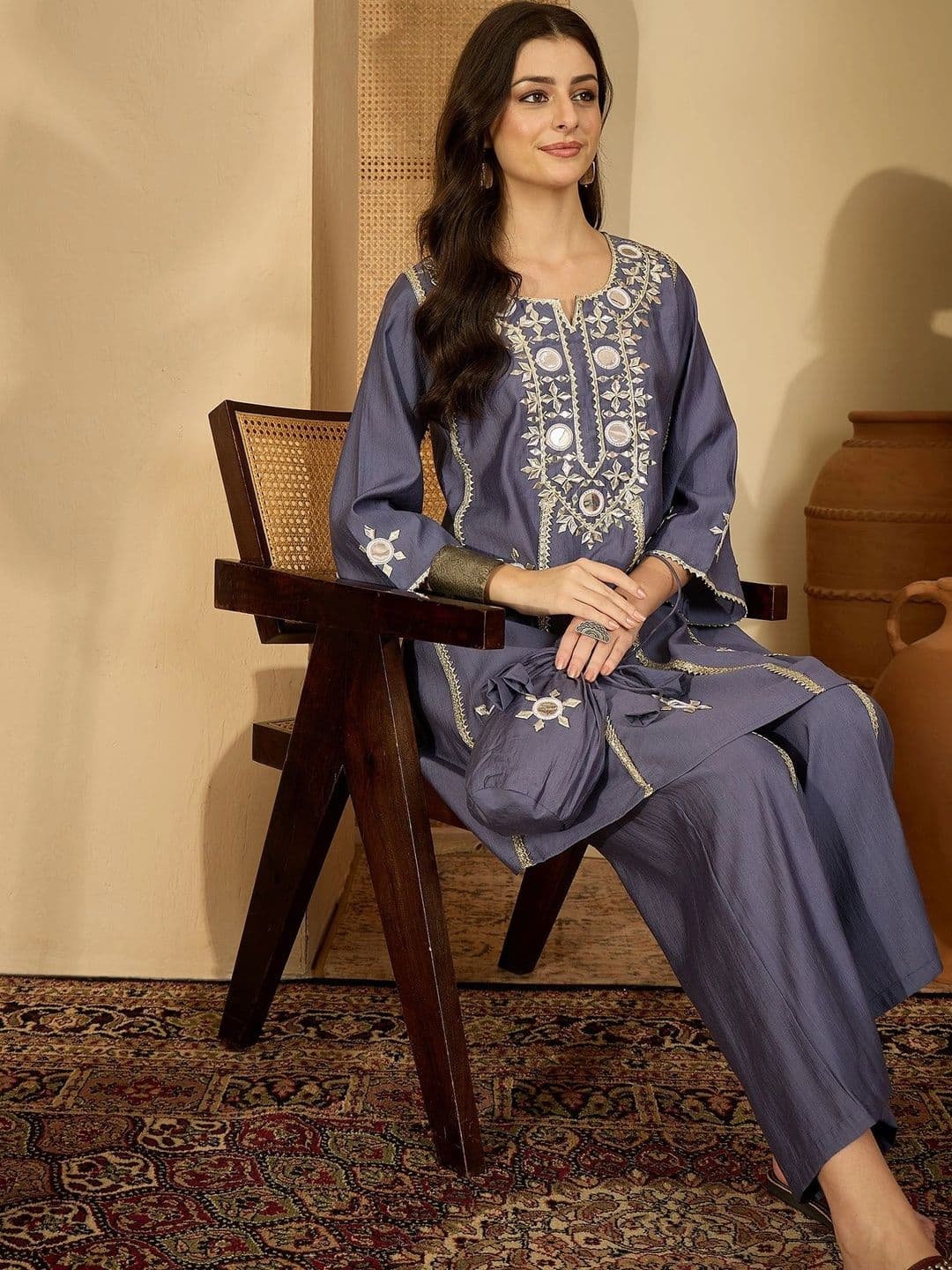 Sangria Women Ethnic Motifs Embroidered Regular Mirror Work Kurta with Palazzos thumbnail 4