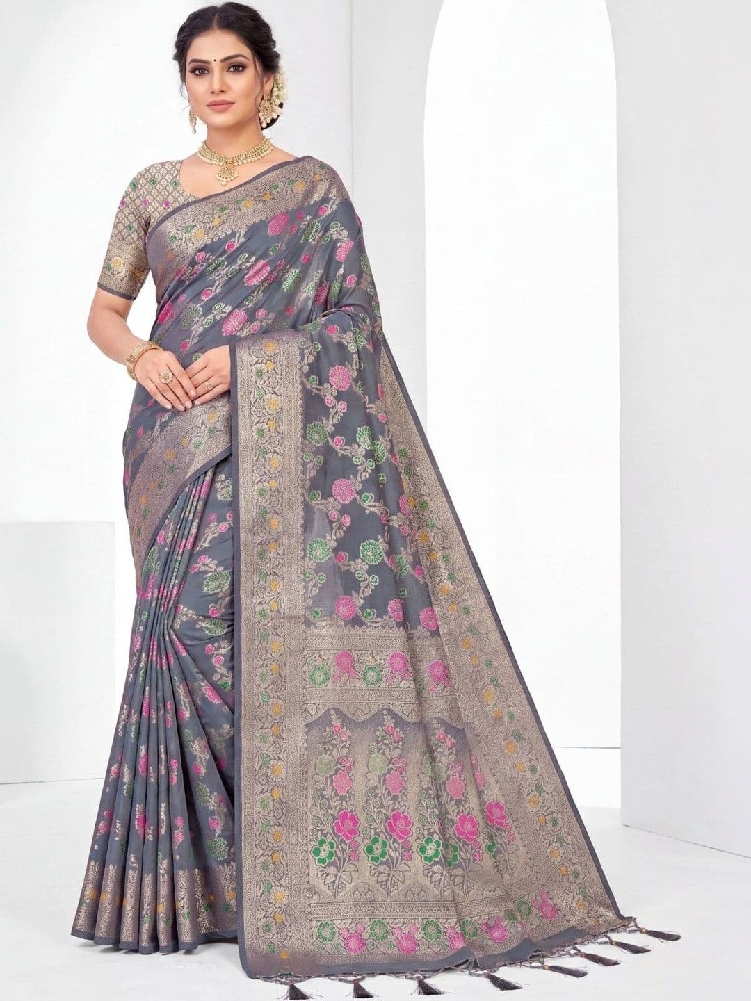 KALINI Floral Zari Art Silk Fusion Banarasi Saree - view 1