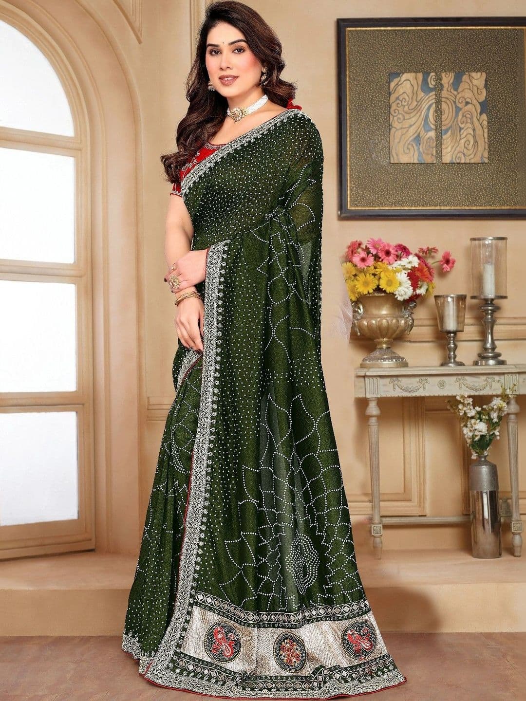 SmileyFashion Bandhani Embroidered Art Silk Designer Saree thumbnail 4