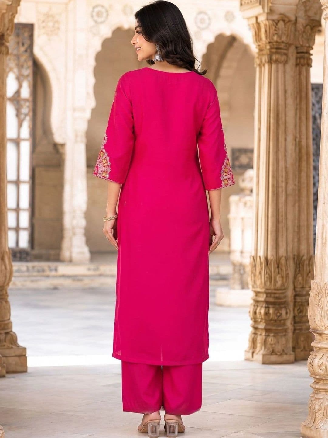 HERE&NOW X fwd Women Ethnic Regular Sequinned Pure Silk Kurta with Palazzos & With Dupatta thumbnail 4