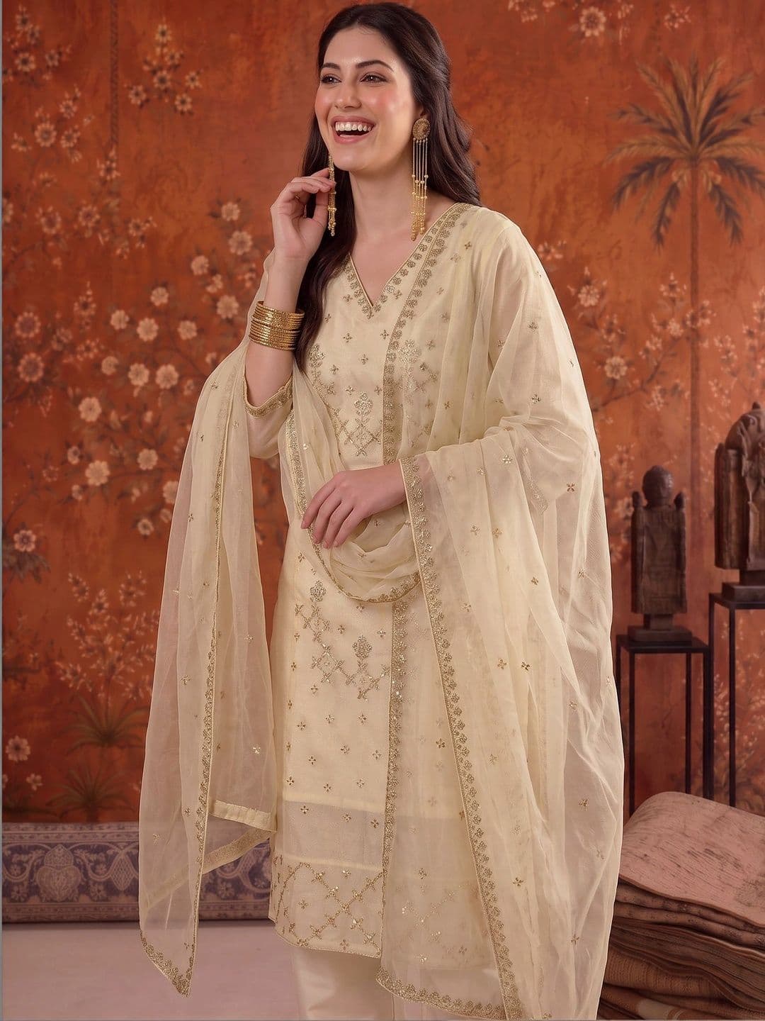 Sangria Embroidered V-Neck Kurta & Trousers With Dupatta thumbnail 4