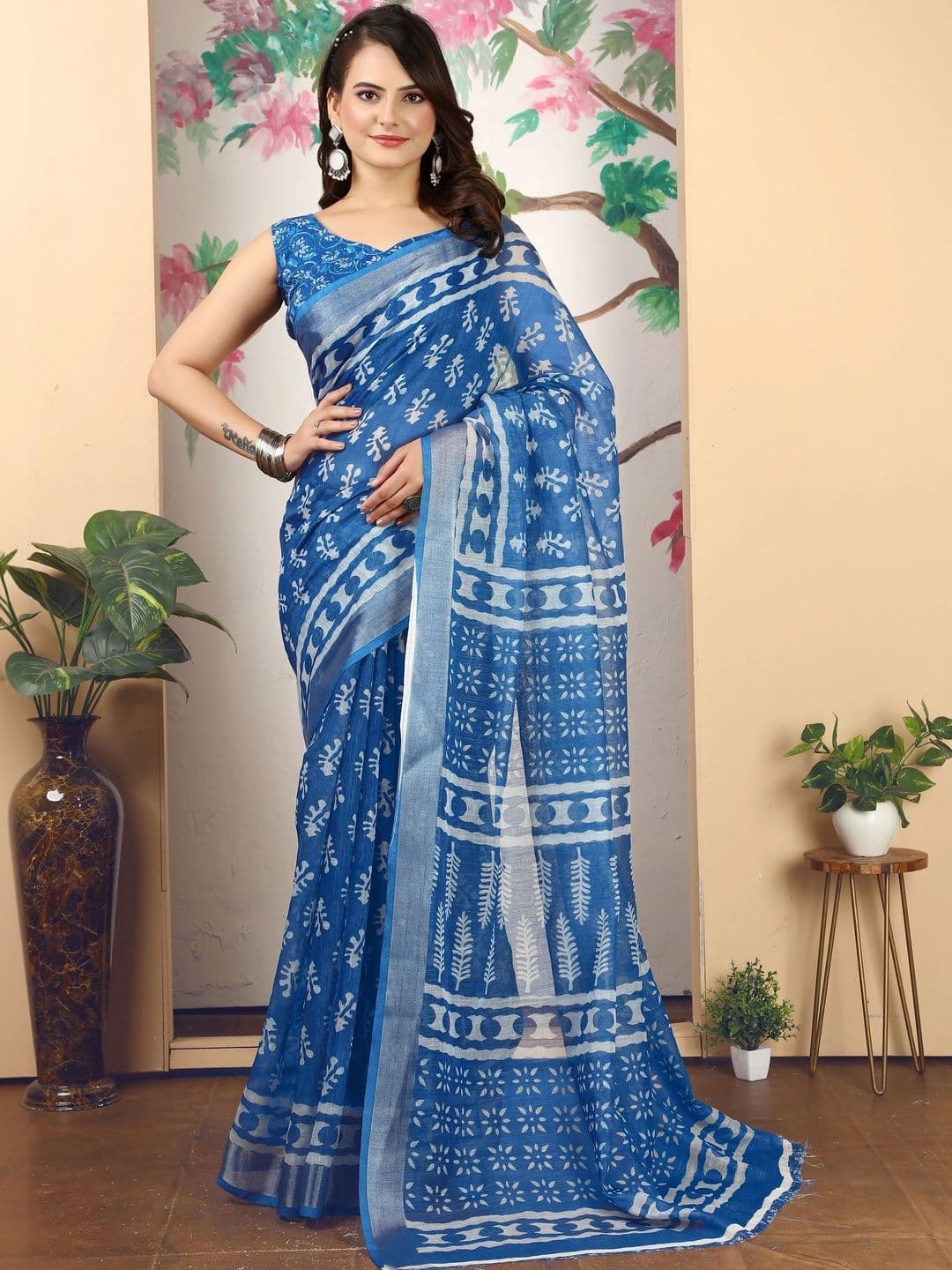 HERE&NOW Women Blue Cotton Linen Saree thumbnail 2
