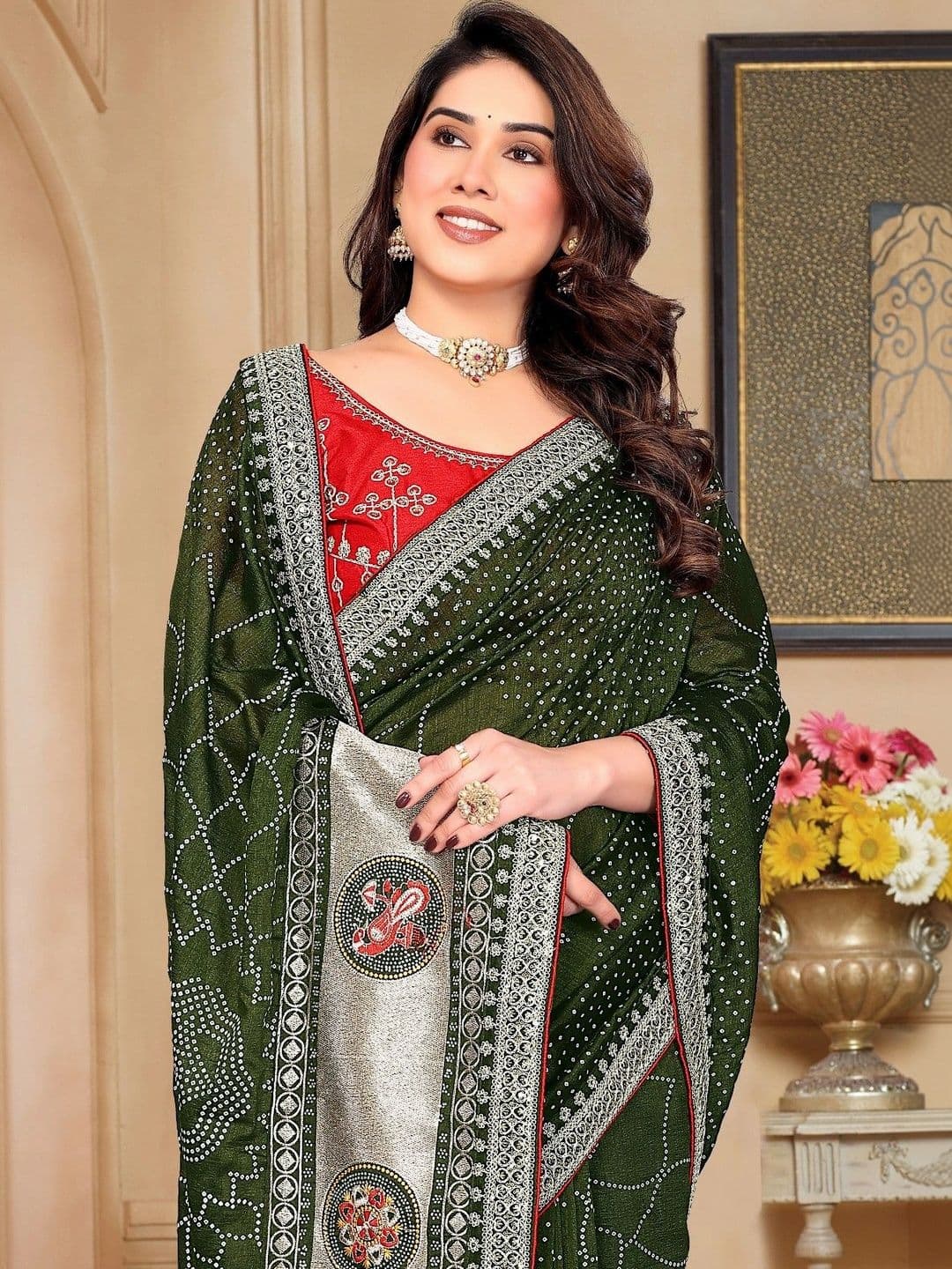 SmileyFashion Bandhani Embroidered Art Silk Designer Saree thumbnail 3