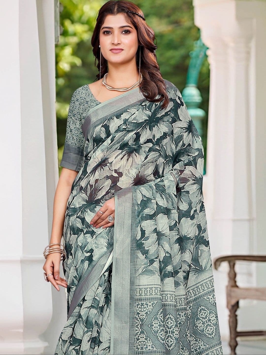 MANVAA Women Floral Cotton Linen Saree thumbnail 7