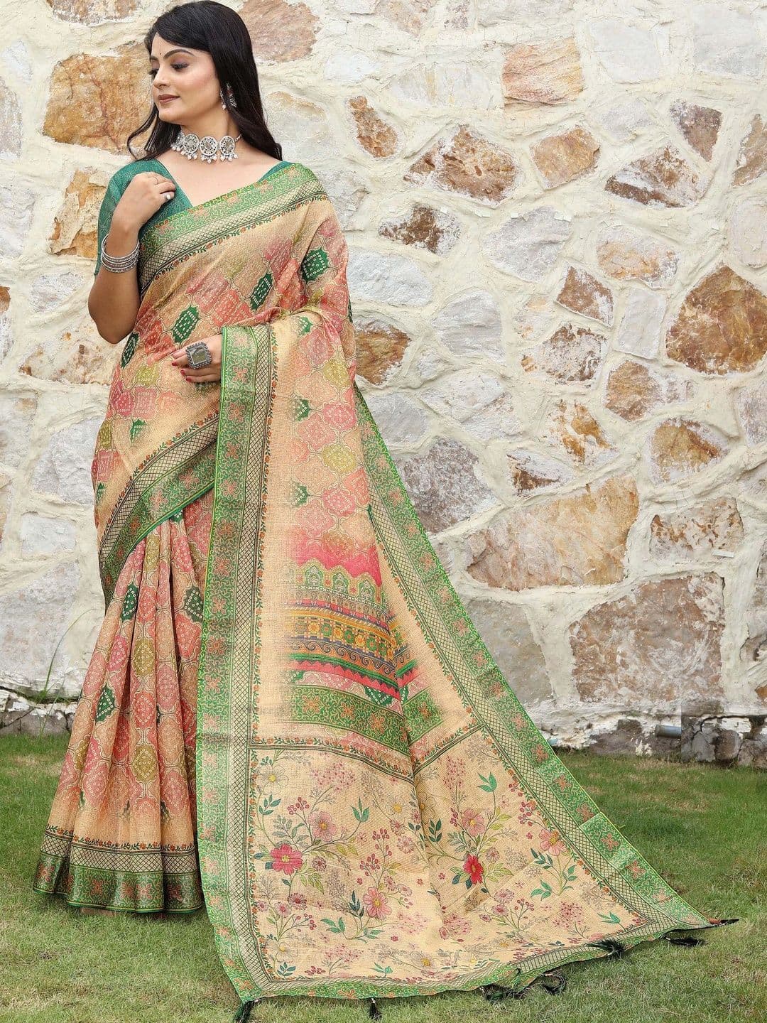 HERE&NOW Floral Silk Cotton Handloom Saree - view 1